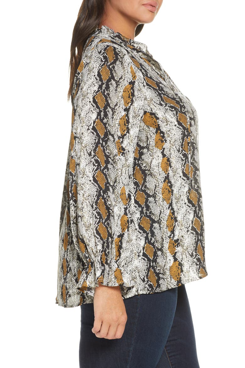 Print Tie Neck Blouse, Alternate, color, MUSTARD SNAKE PRINT