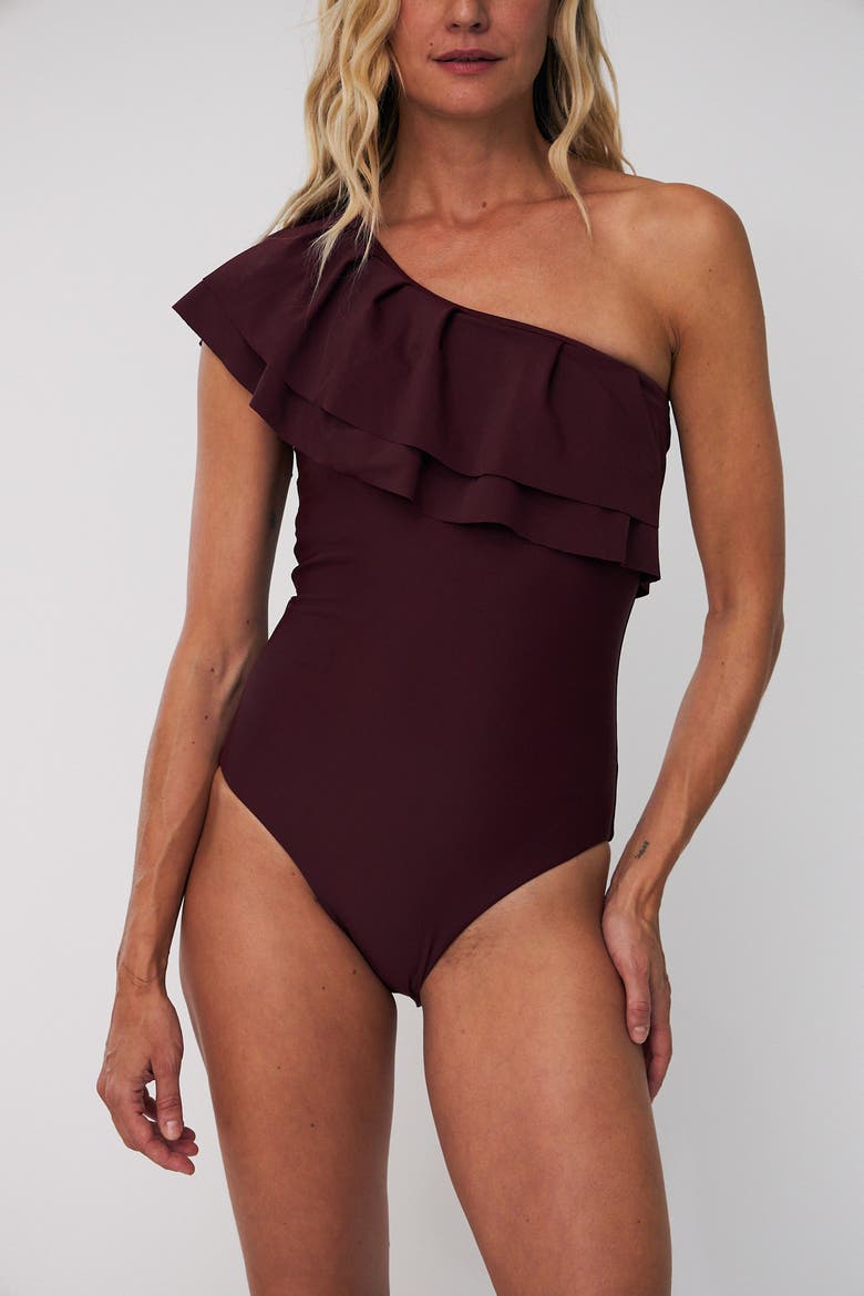 Najacras Ruffle One Shoulder Swimsuit, Alternate, color, Port Royal