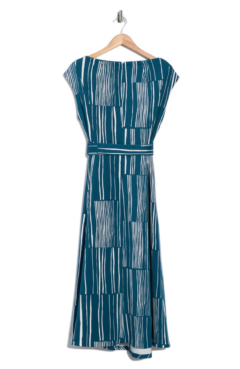 Calvin Klein Stripe Belted V-Neck Midi Dress, Alternate, color, Cypress/ Cream