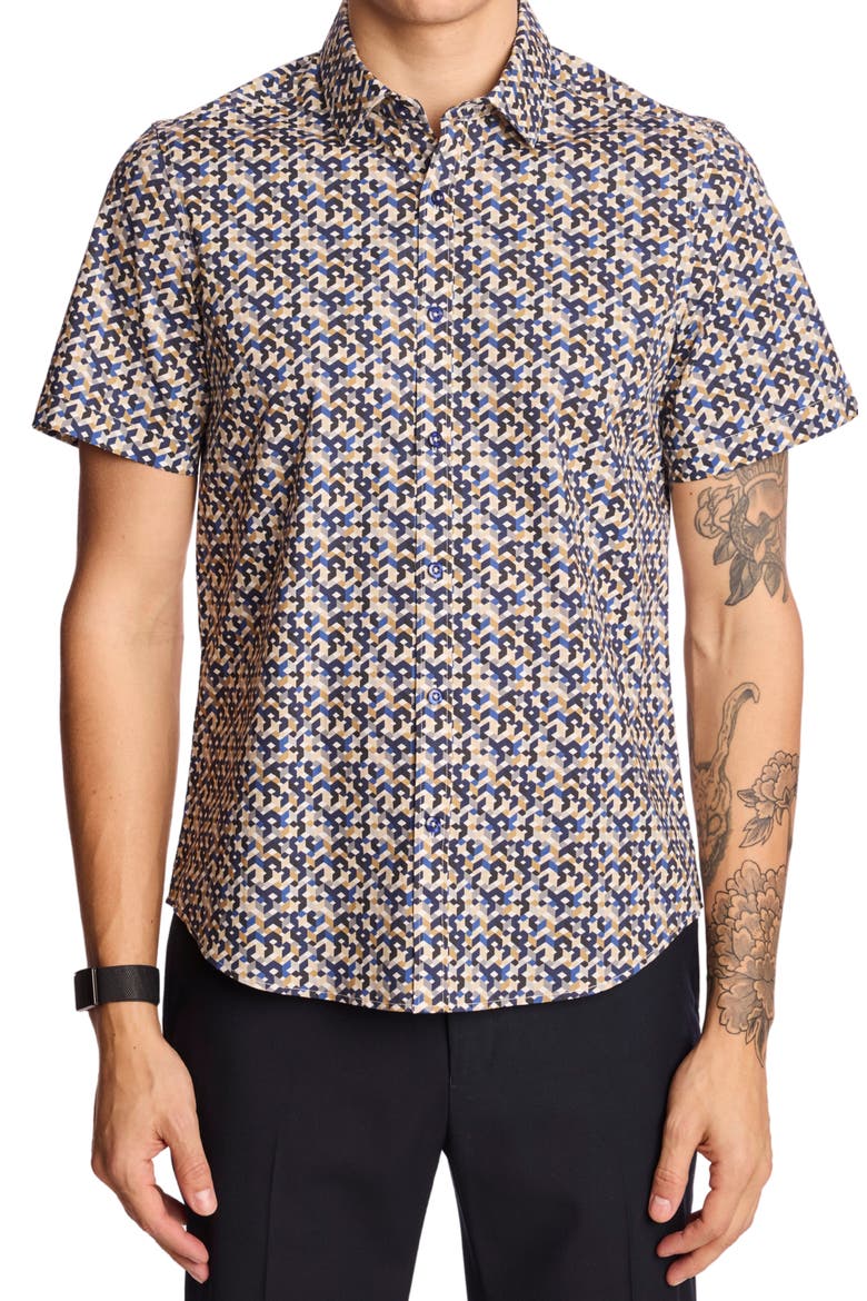 Sawyer Trim Fit Geometric Short Sleeve Button-Up Shirt, Main, color, NAVY TAN GEO