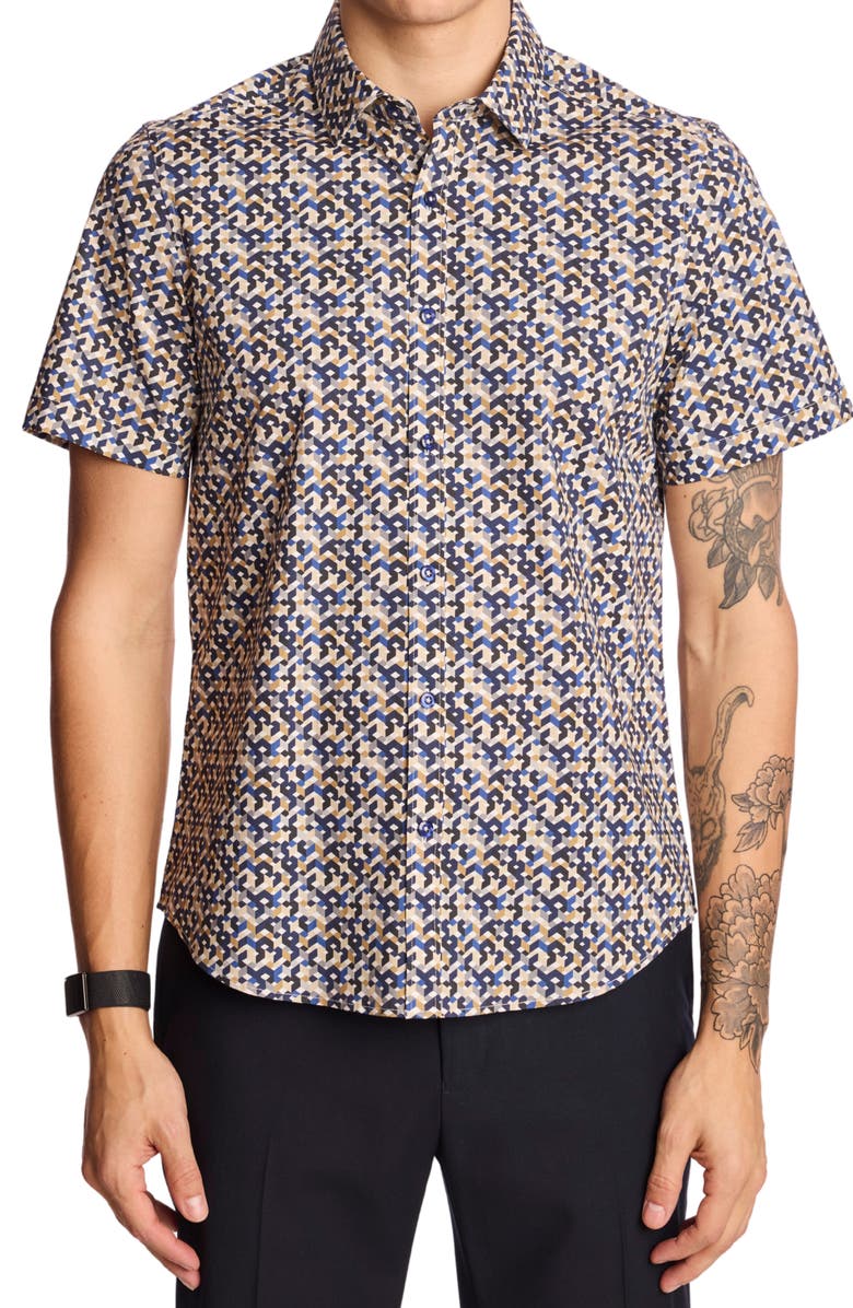 PAISLEY & GRAY Sawyer Trim Fit Geometric Short Sleeve Button-Up Shirt, Main, color, Navy Tan Geo