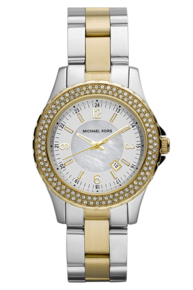Michael Kors 'Mini Madison' Twin Row Crystal Watch, 33mm, Main, color, GOLD/ SILVER