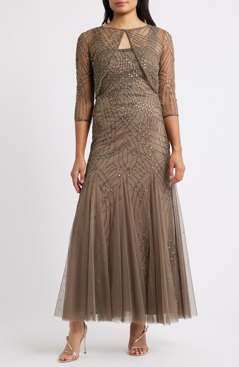 Pisarro Nights Beaded Gown with Long Sleeve Jacket, Main, color, Mocha 228