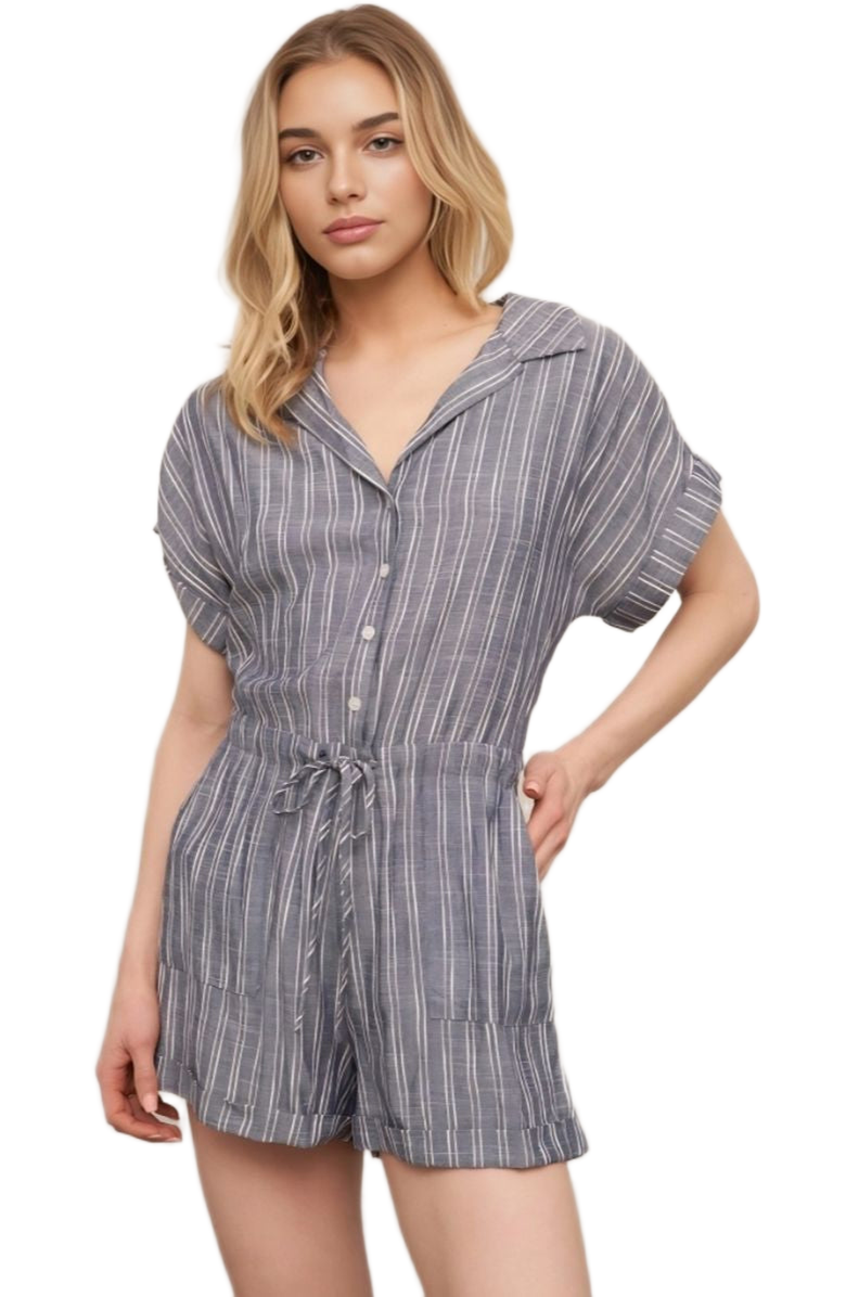 Knit and Lounge Striped Button Front Drawstring Waist Short Sleeve Cuffed Hem Romper, Alternate, color, Slate Blue