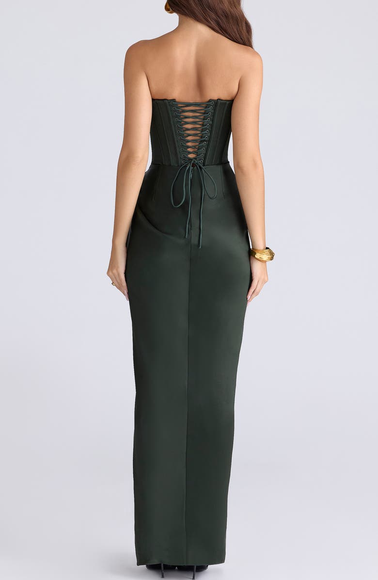 HOUSE OF CB Carelle Lace-Up Strapless Satin Sheath Cocktail Dress, Alternate, color, Forest Green