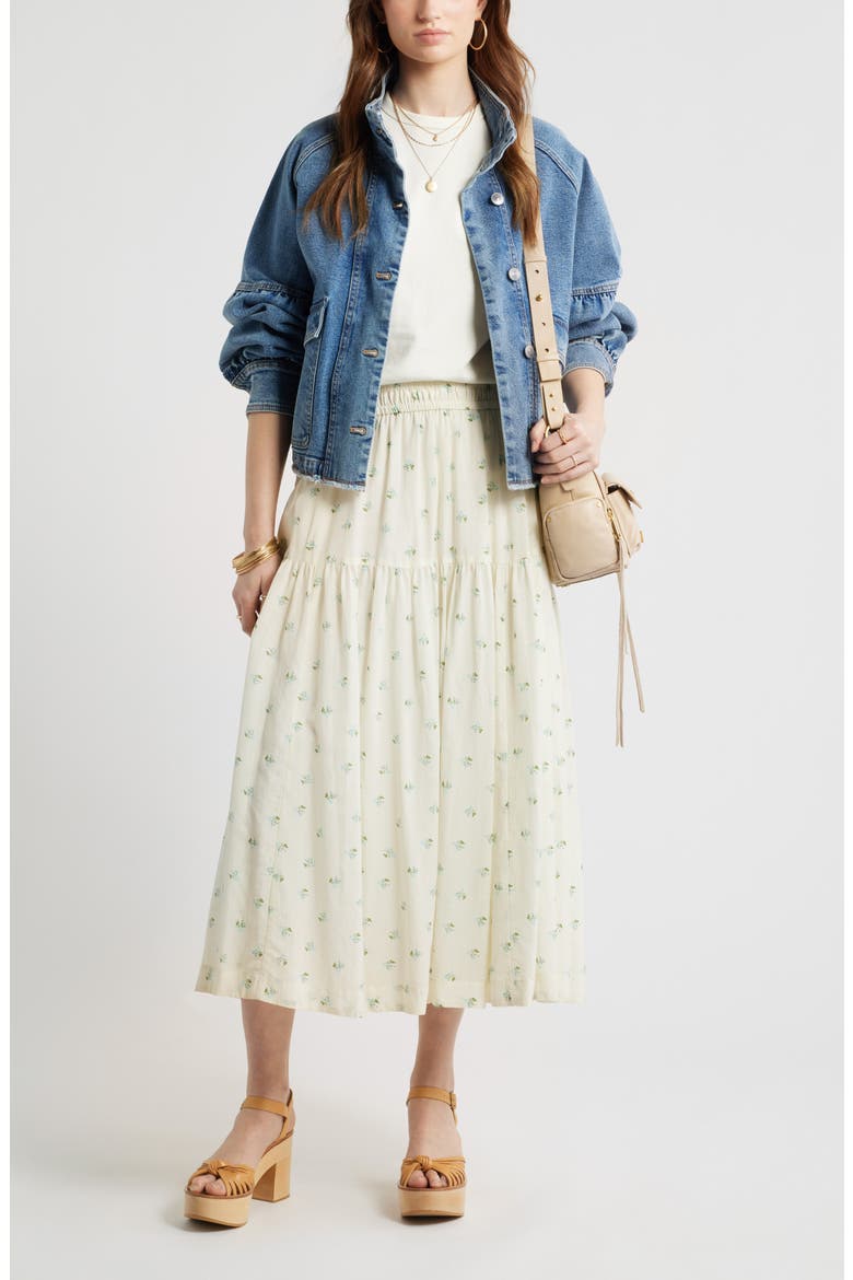 Smocked Waist Cotton Maxi Skirt, Alternate, color, IVORY- BLUE GARDEN DITSY