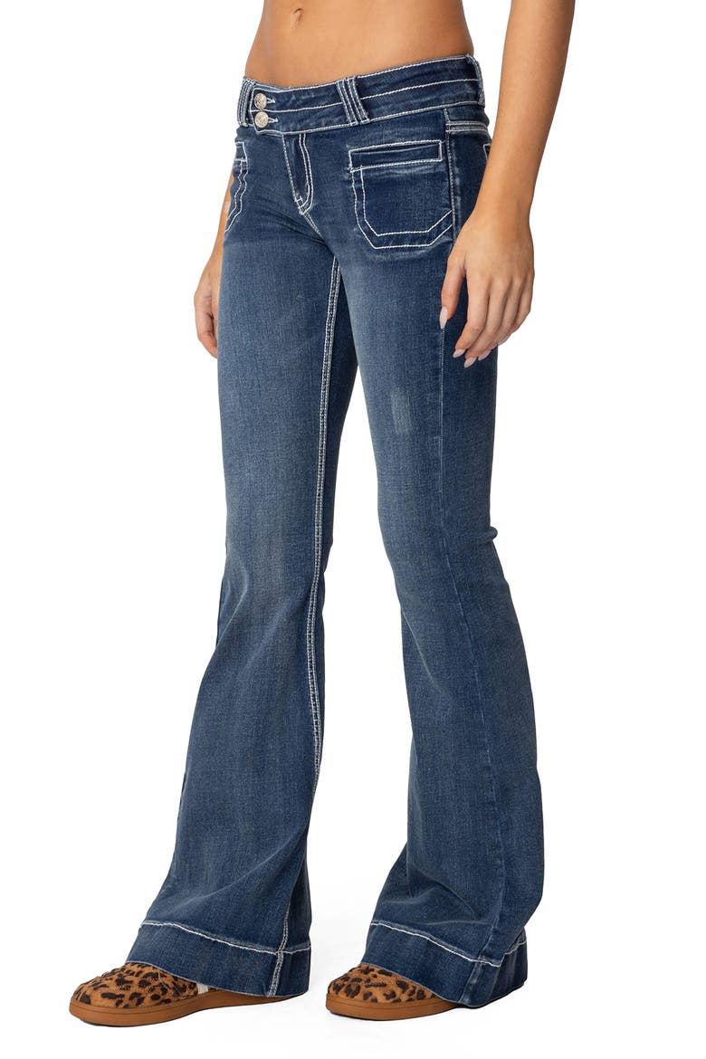 Contrast Topstitch Flare Jeans, Alternate, color, BLUE-WASHED