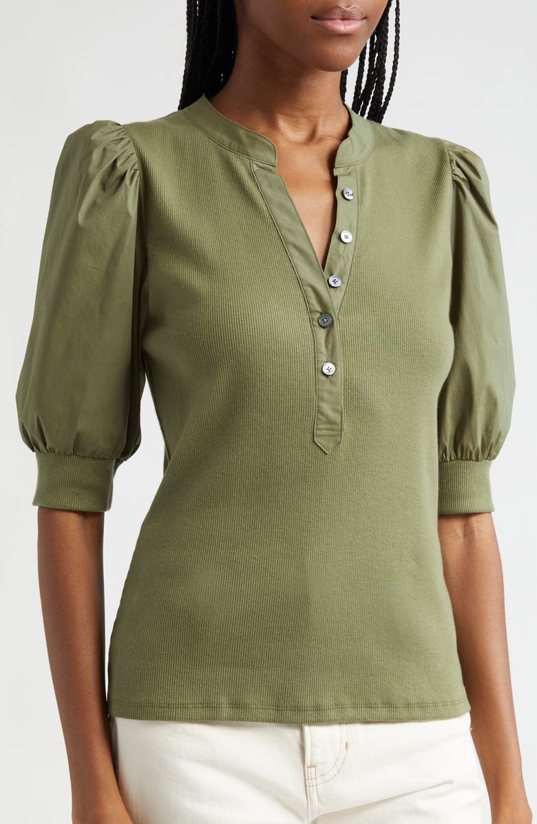 Veronica Beard Coralee Puff Sleeve Stretch Cotton Henley Top, Alternate, color, Stone Army
