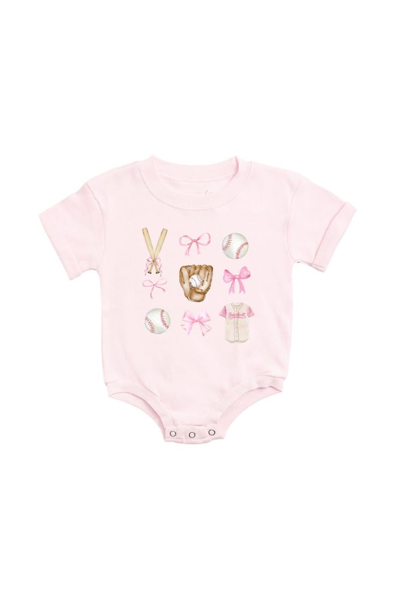 Sweet Wink Baseball Cutie Short Sleeve Romper, Main, color, Ballet Pink