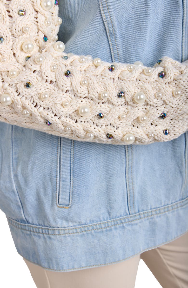 SAACHI Embellished Knit Sleeve Denim Jacket, Alternate, color, Denim
