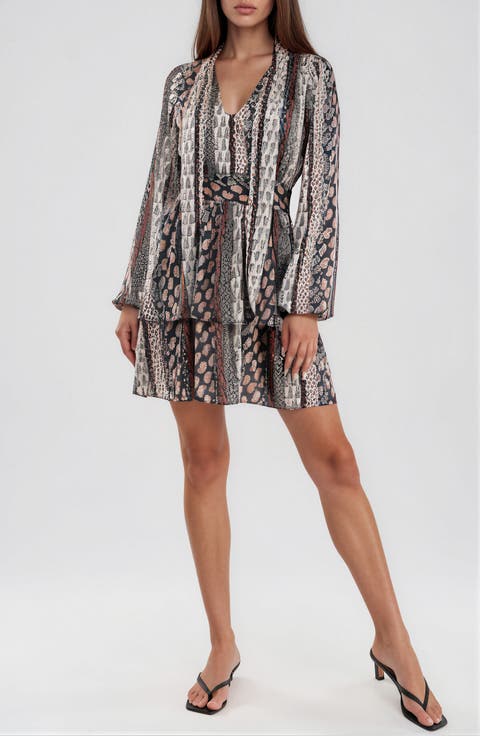 Belted Tiered Long Sleeve Satin Dress