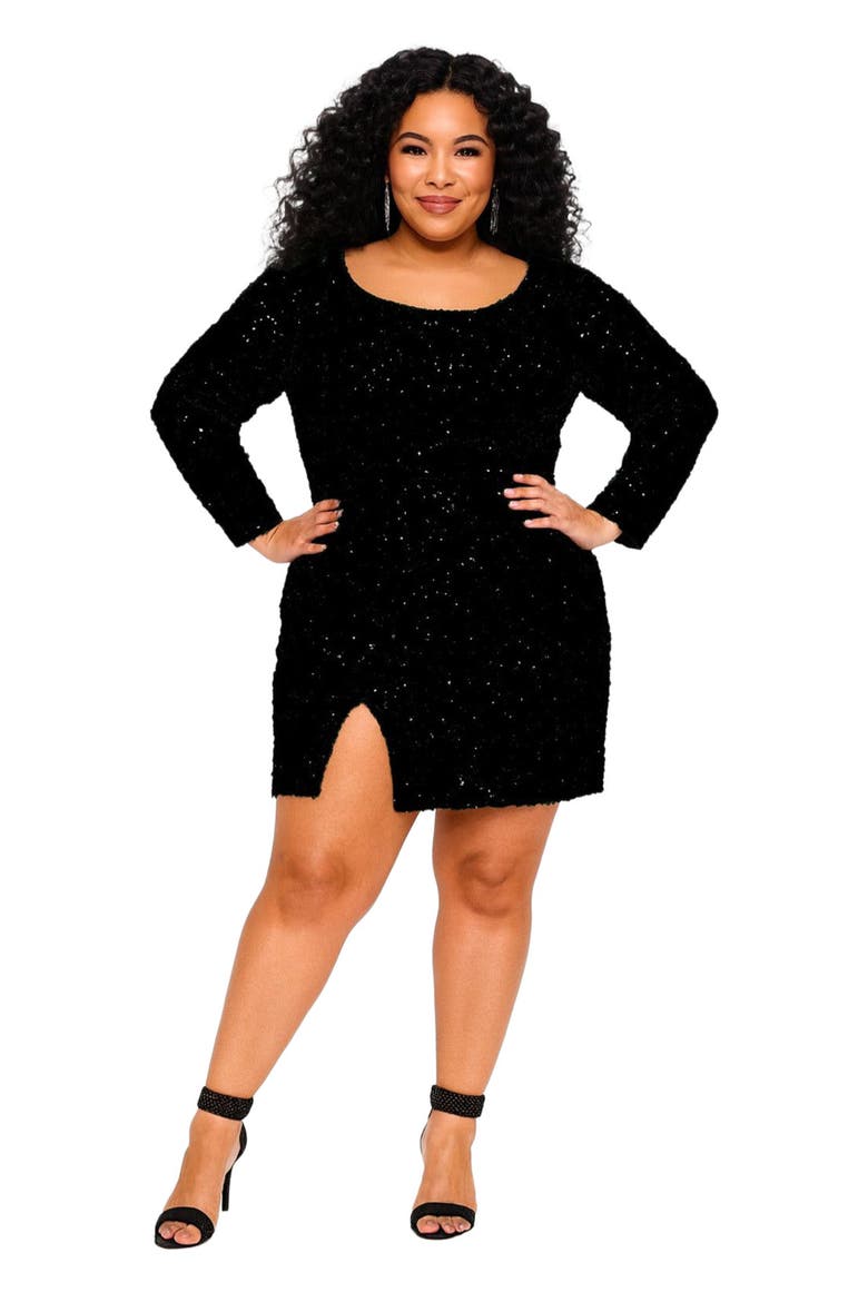 Plus Size Long Sleeve Sequin Cocktail Dress, Main, color, Onyx