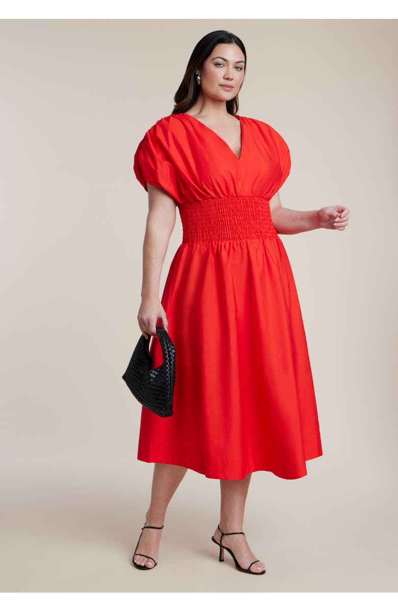 ELOQUII V Neck Flared Poplin Midi Dress, Main, color, Fiery Red