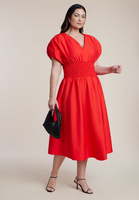 V Neck Flared Poplin Midi Dress (Plus)