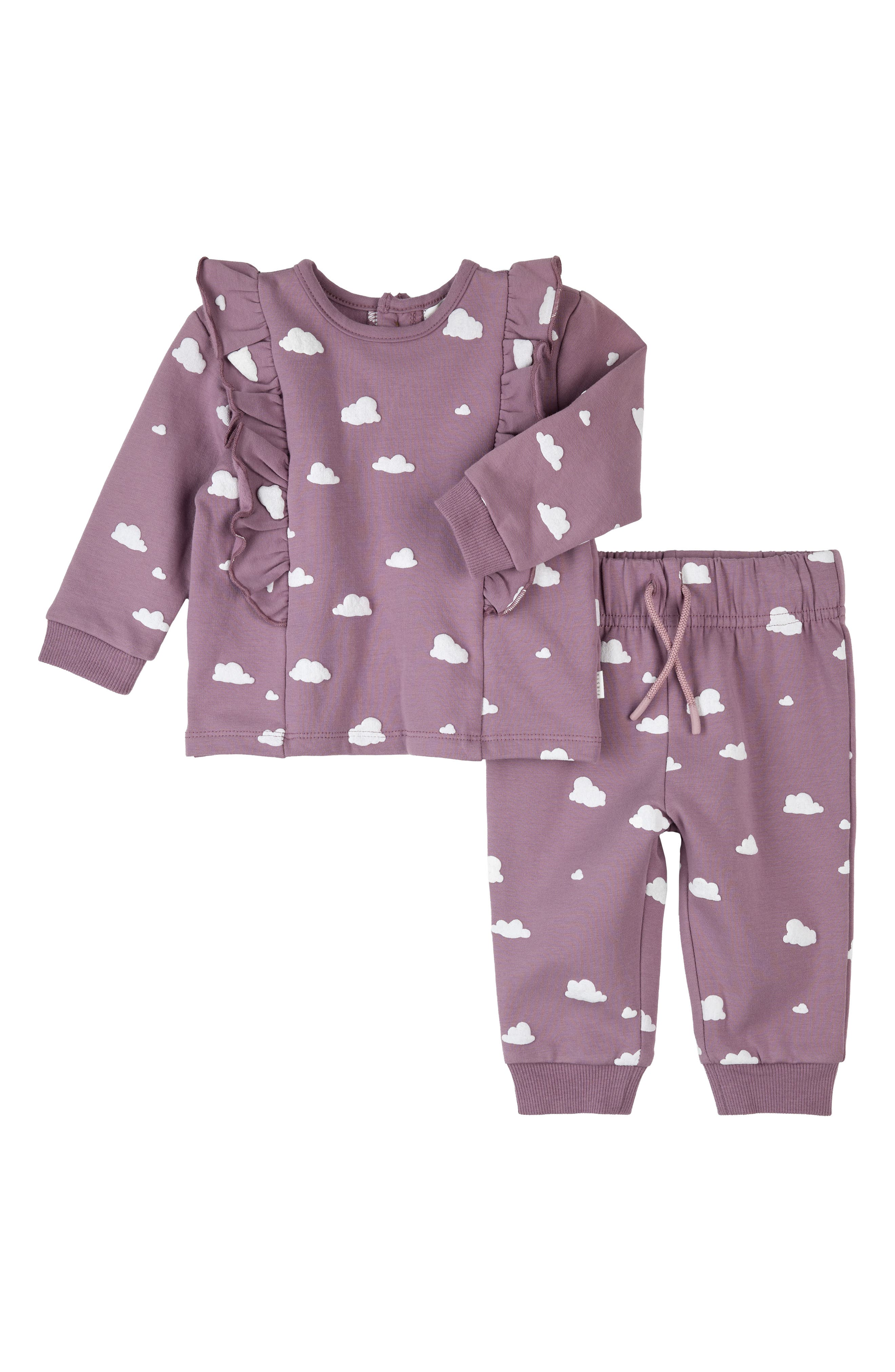 Cloud Print Ruffle Fleece Sweatshirt & Joggers Set