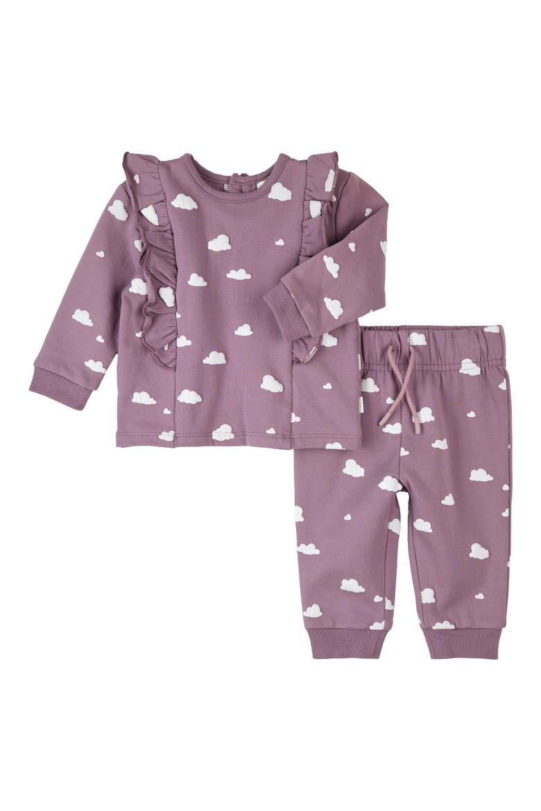 Cloud Print Ruffle Fleece Sweatshirt & Joggers Set, Main, color, PURPLE