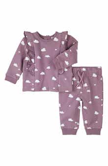 Cloud Print Ruffle Fleece Sweatshirt & Joggers Set