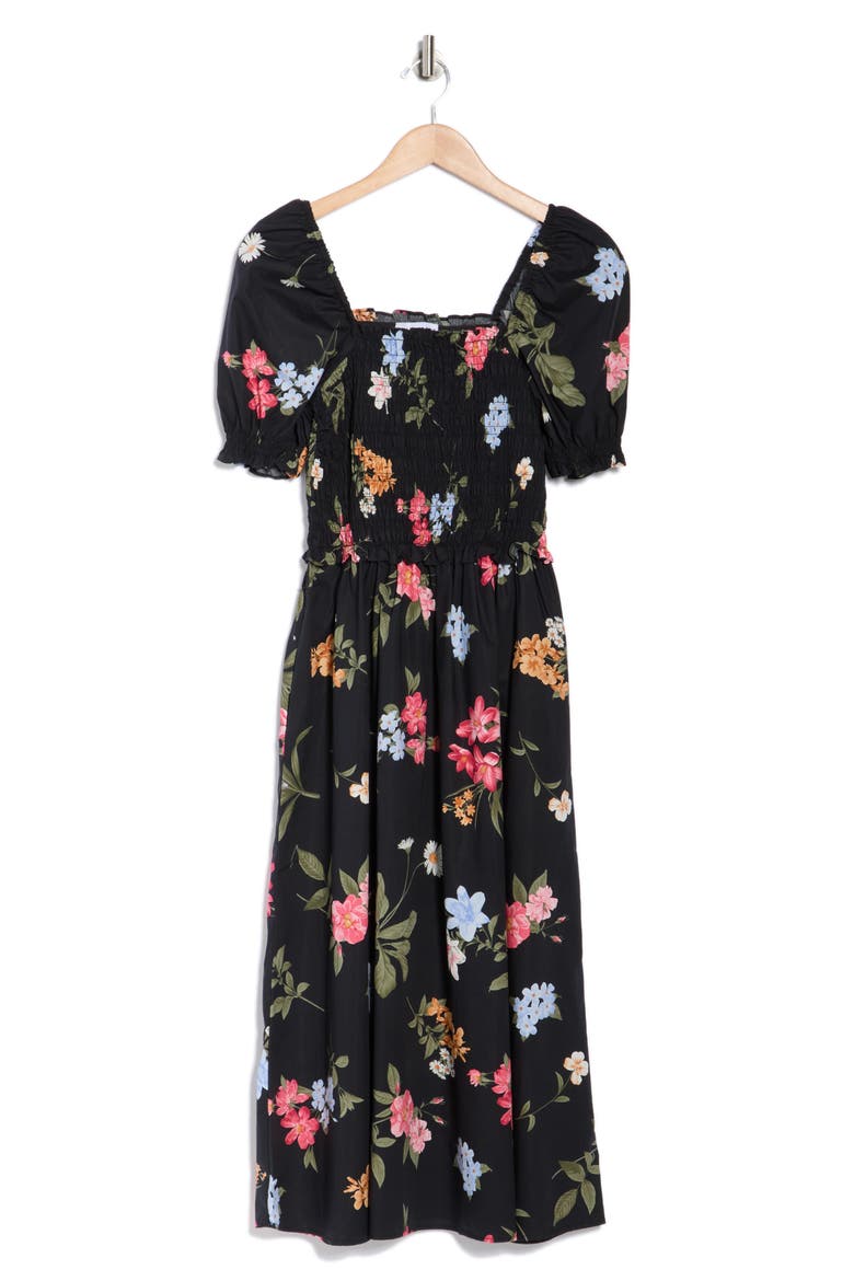 Square Neck Poplin Midi Dress, Alternate, color, BLACK GARDEN FLORAL