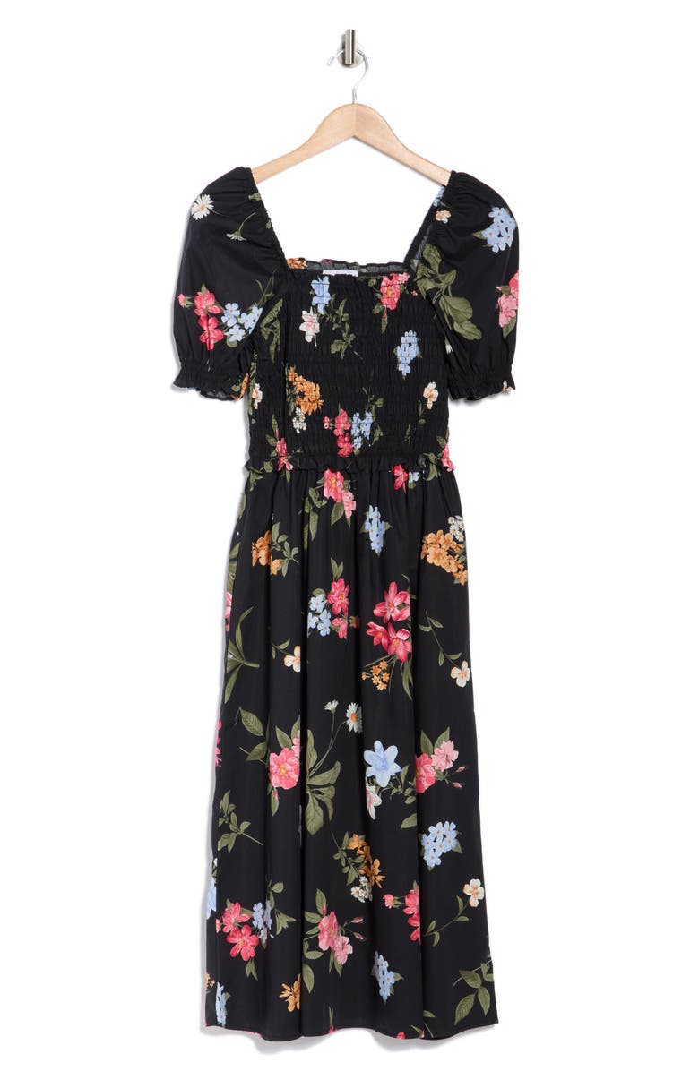 Ellen Tracy Square Neck Poplin Midi Dress, Main, color, Black Garden Floral