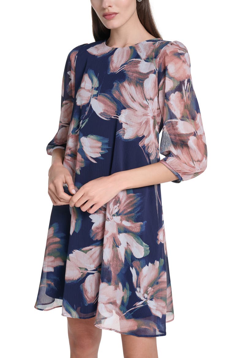 Floral Chiffon Trapeze Dress, Alternate, color, INDIGO MULTI