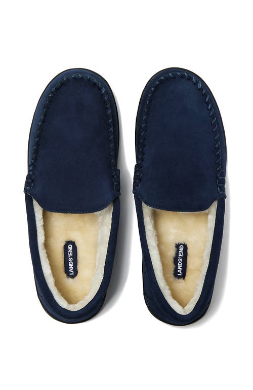 Lands' End Fuzzy Lined Suede Moccasin Slippers In Radiant Navy Suede