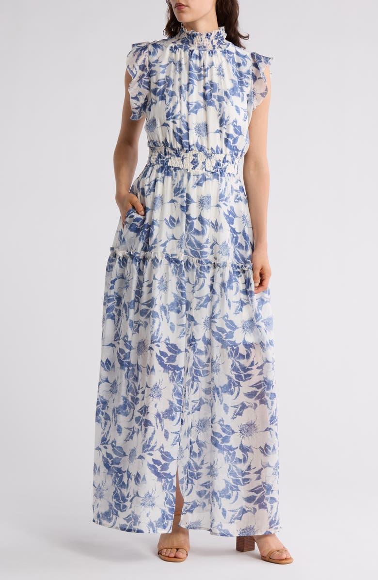 MELLODAY Floral Flutter Sleeve Maxi Dress, Main, color, Blue White