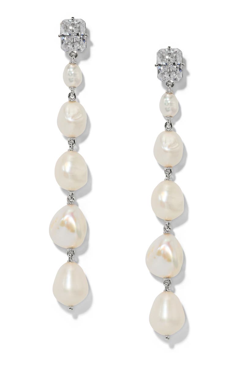 Nadri Madrid Freshwater Pearl Linear Drop Earrings, Main, color, Rhodium