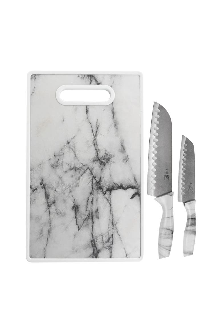 Beaumont 3 Piece Stainless Steel Santoku Knife Set with Cutting Board  Marble, Alternate, color, White