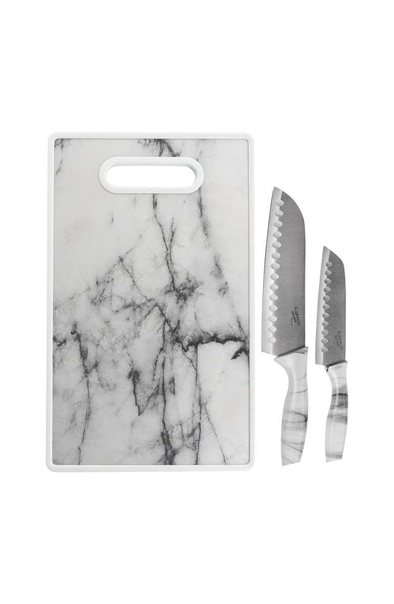Gibson Home Beaumont 3 Piece Stainless Steel Santoku Knife Set with Cutting Board Marble, Alternate, color, White