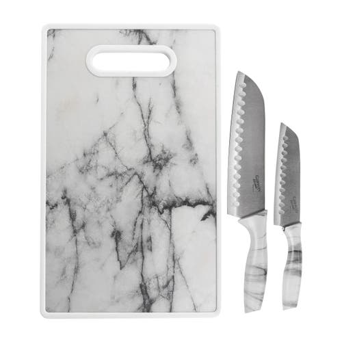 Gibson Home Beaumont 3 Piece Stainless Steel Santoku Knife Set With Cutting Board Marble In Gray