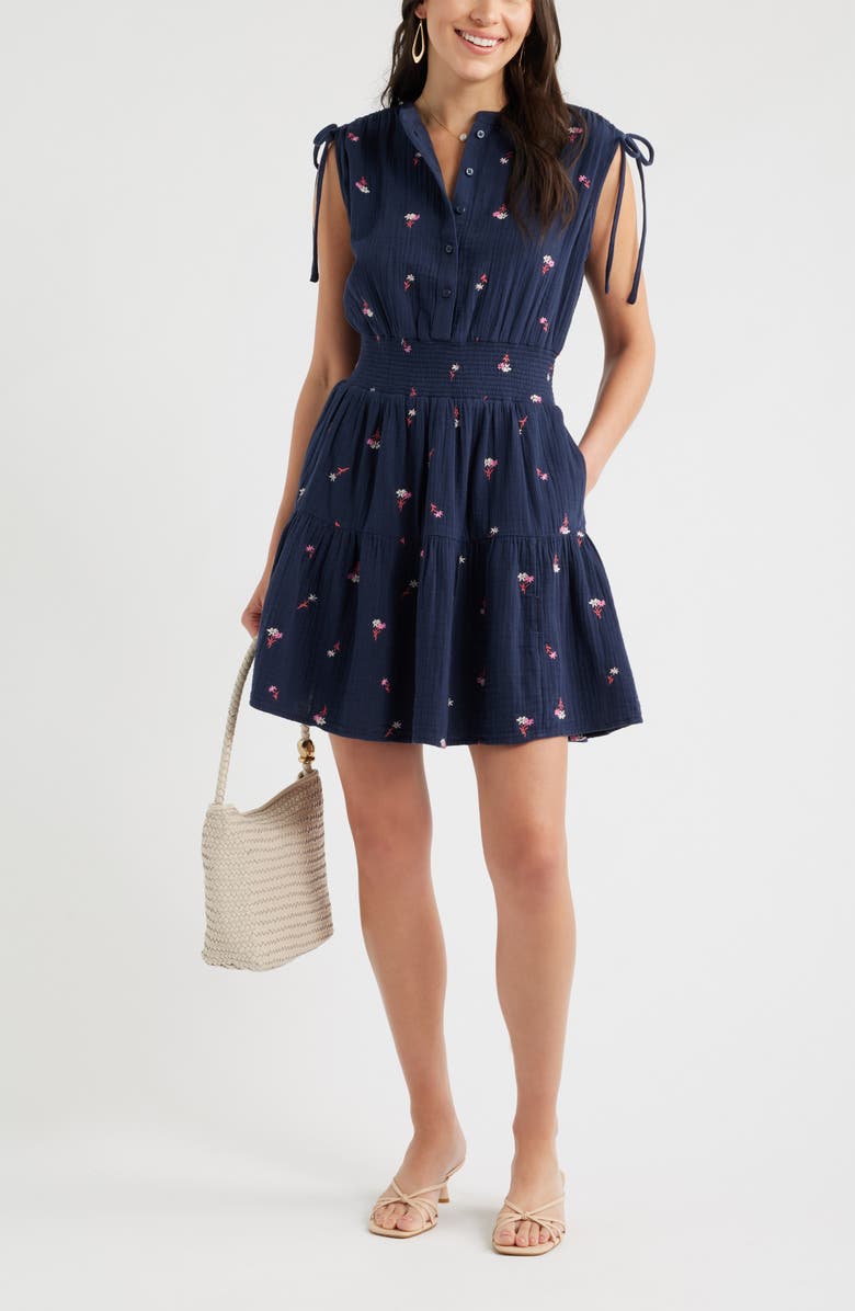 Caslon<sup>®</sup> Floral Embroidered Sleeveless Cotton Gauze Dress, Alternate, color, Navy- Red Tossed Blossoms