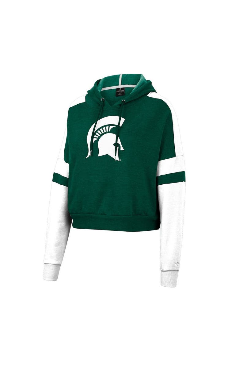 COLOSSEUM Women's Colosseum Heather Green Michigan State Spartans Throwback Stripe Arch Logo Cropped Pullover Hoodie, Alternate, color, 