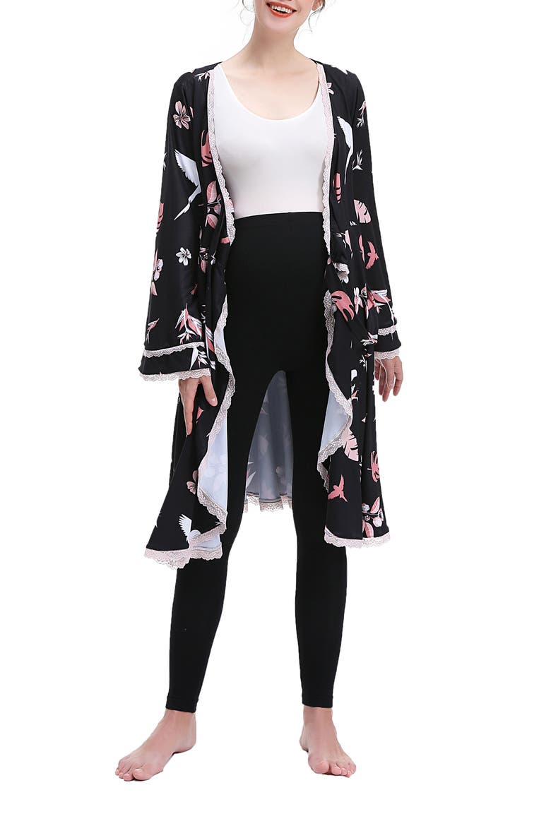 Angela Lounge Maternity Robe, Alternate, color, BLACK