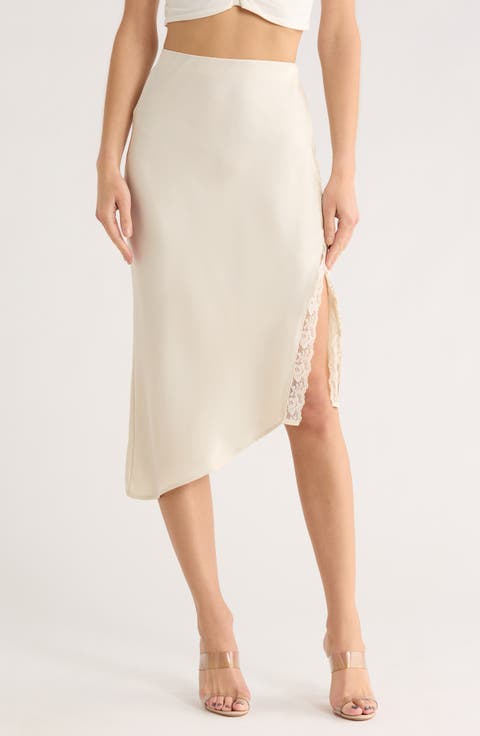 Lace Trim Satin Midi Skirt