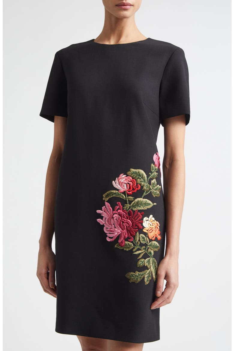 Floral Embroidered Stretch Wool Shift Dress, Alternate, color, BLACK MULTI