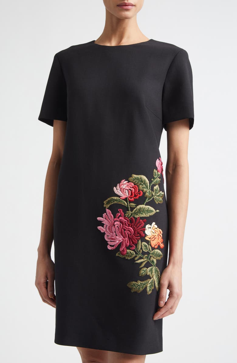 Carolina Herrera Floral Embroidered Stretch Wool Shift Dress, Alternate, color, Black Multi