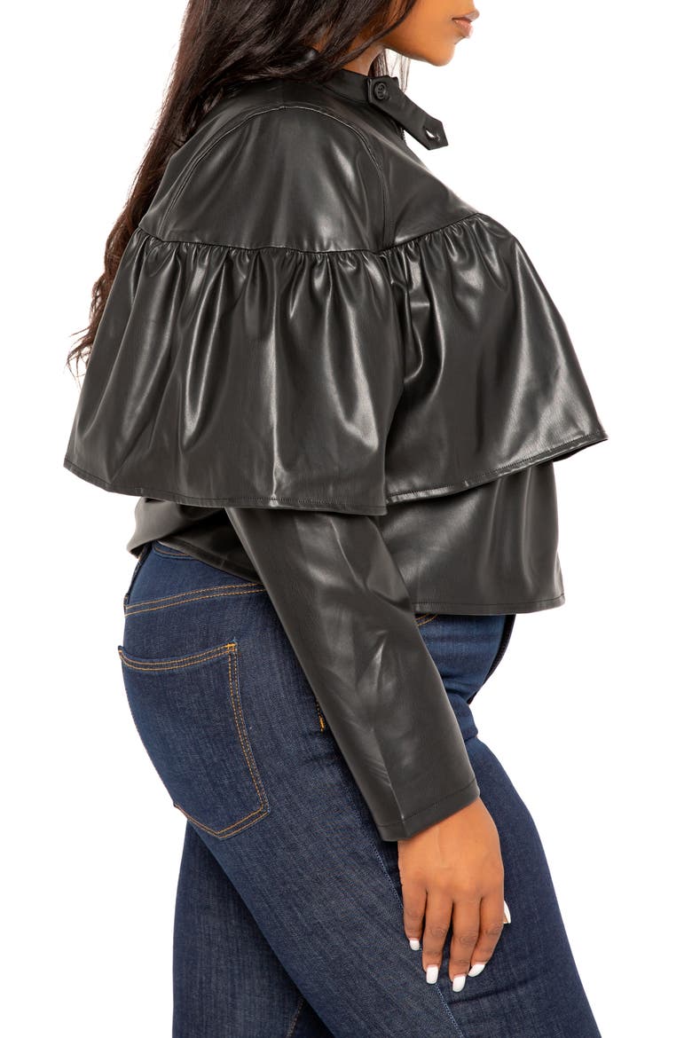 Ruffle Crop Faux Leather Jacket, Alternate, color, BLACK