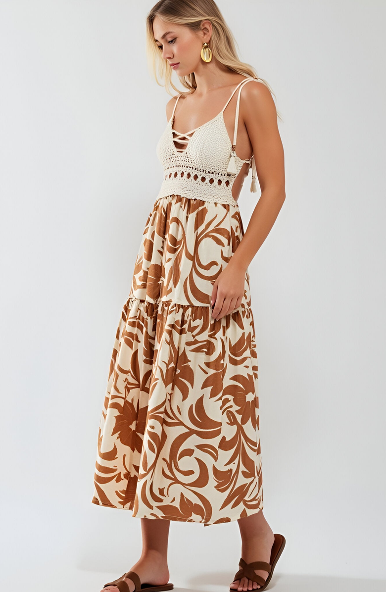 Modenaire Tropical Print Midi Dress with Crochet Bodice and Tie Shoulder Straps, Alternate, color, 