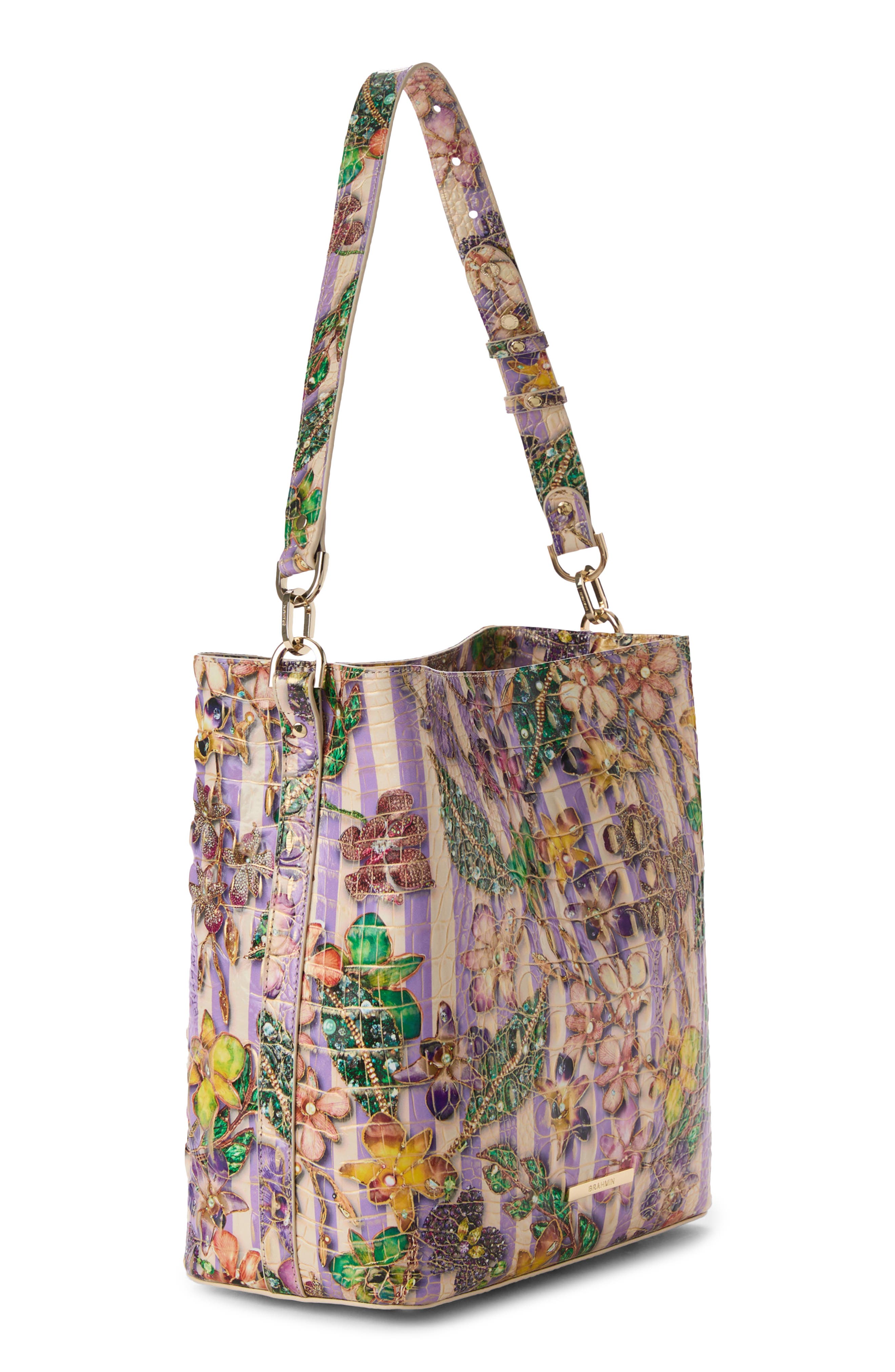 Celina Croc Embossed Leather Bucket Bag, Alternate, color, PINSTRIPE PETALS