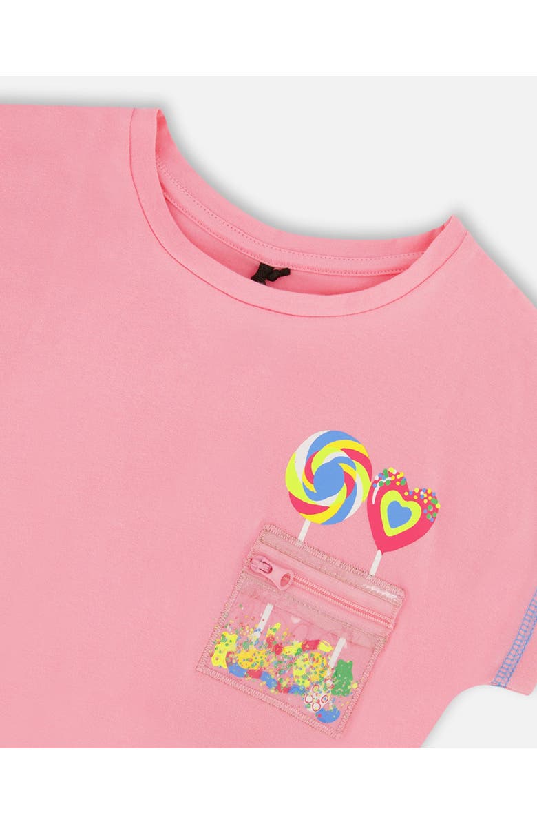 Deux par Deux Girl's Organic Cotton Tee With Print And Knot Candy Pink, Alternate, color,