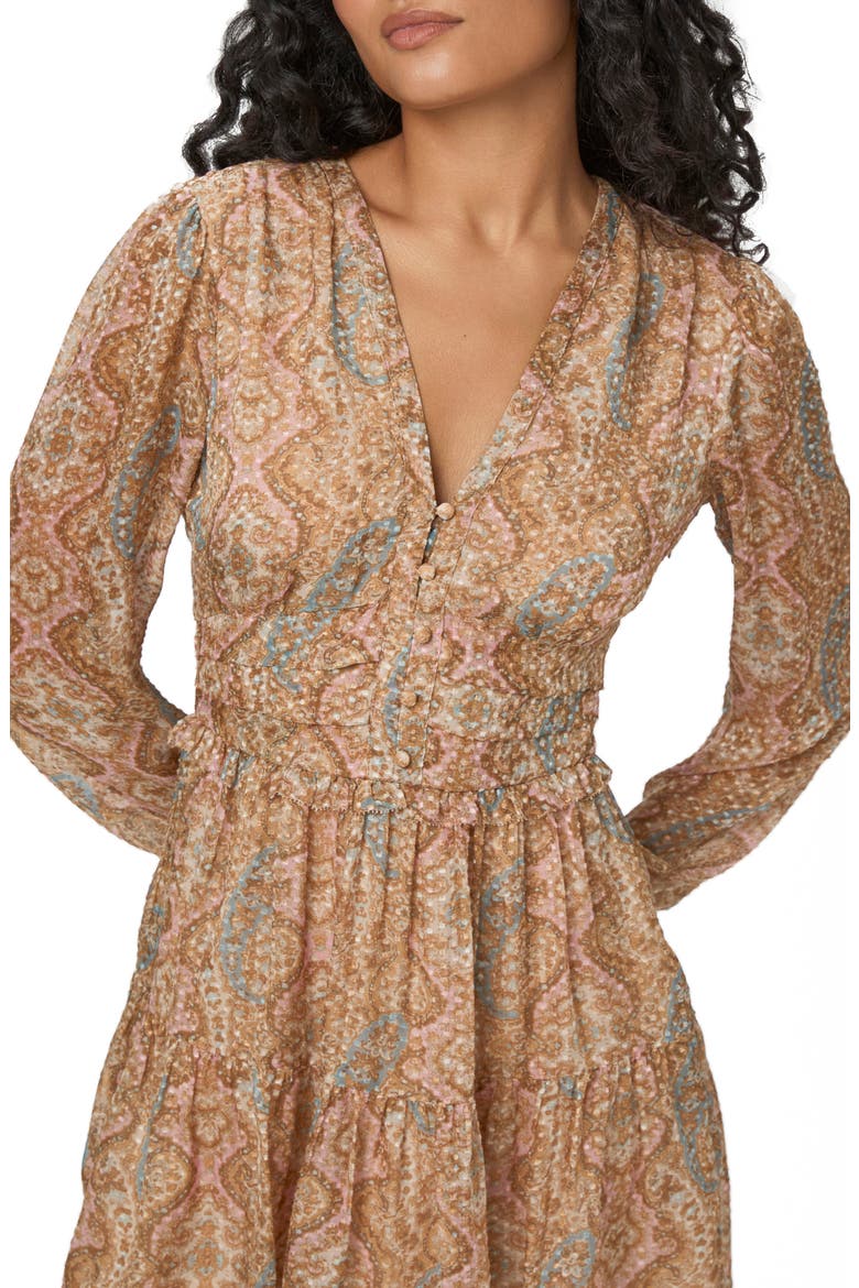 Florentine Print Long Sleeve Silk Blend Minidress, Alternate, color, HONEY MULTI