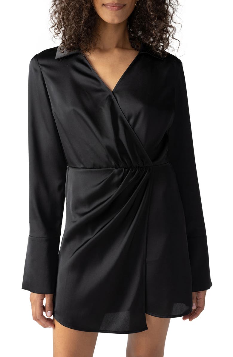 Sanctuary Wrap Front Long Sleeve Satin Minidress, Alternate, color, 