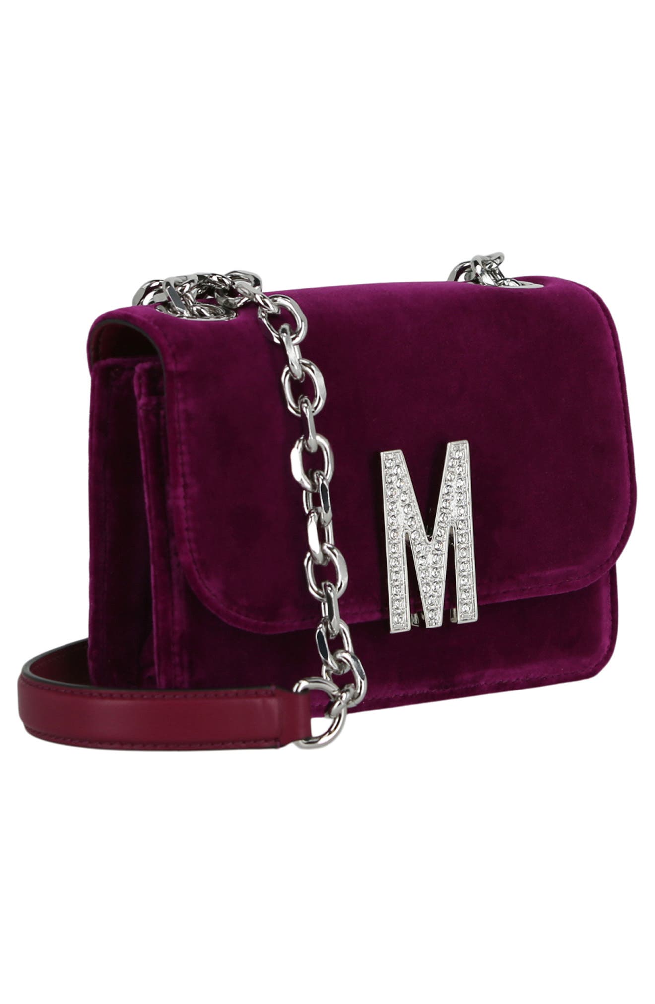 Moschino Crystal Logo Velvet Crossbody Bag, Alternate, color, 