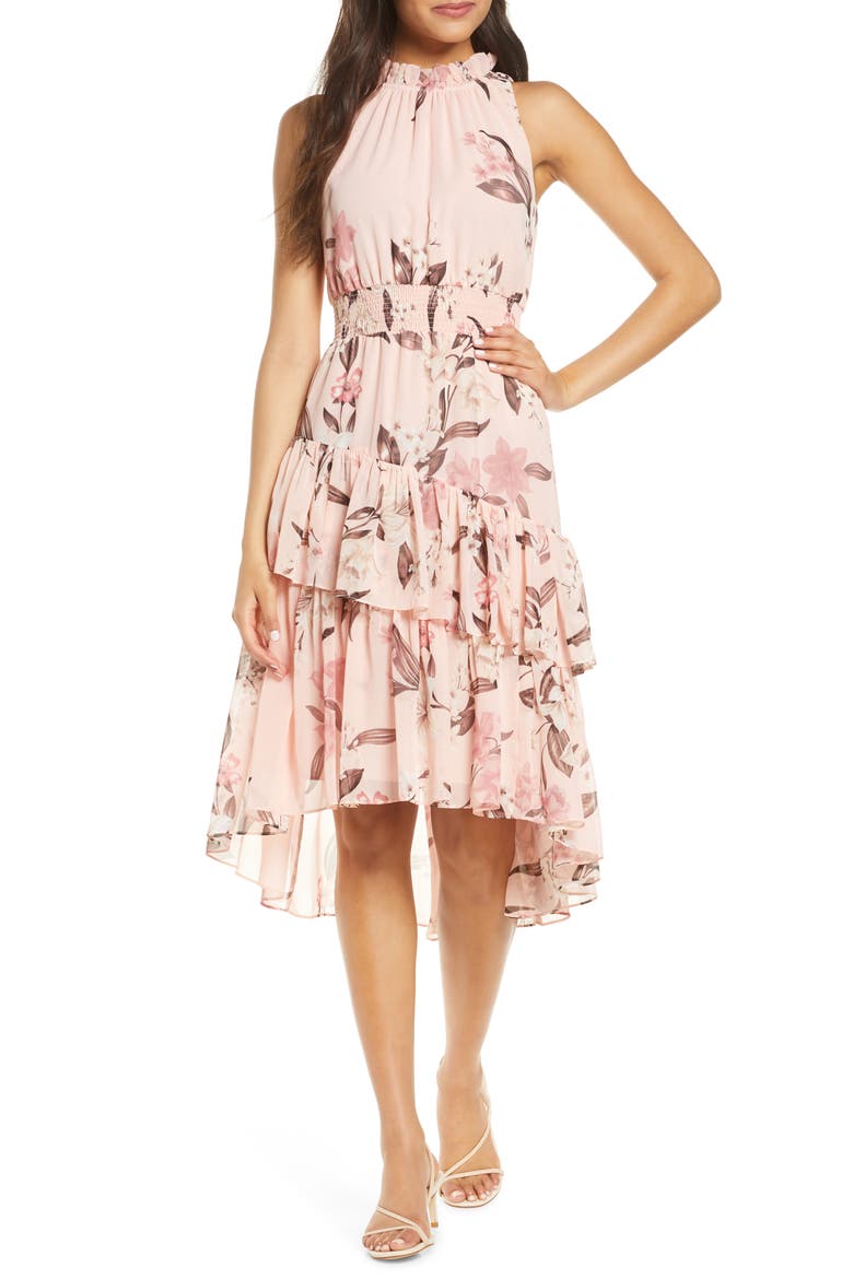 Floral Asymmetric Tiered Dress, Main, color, BLUSH