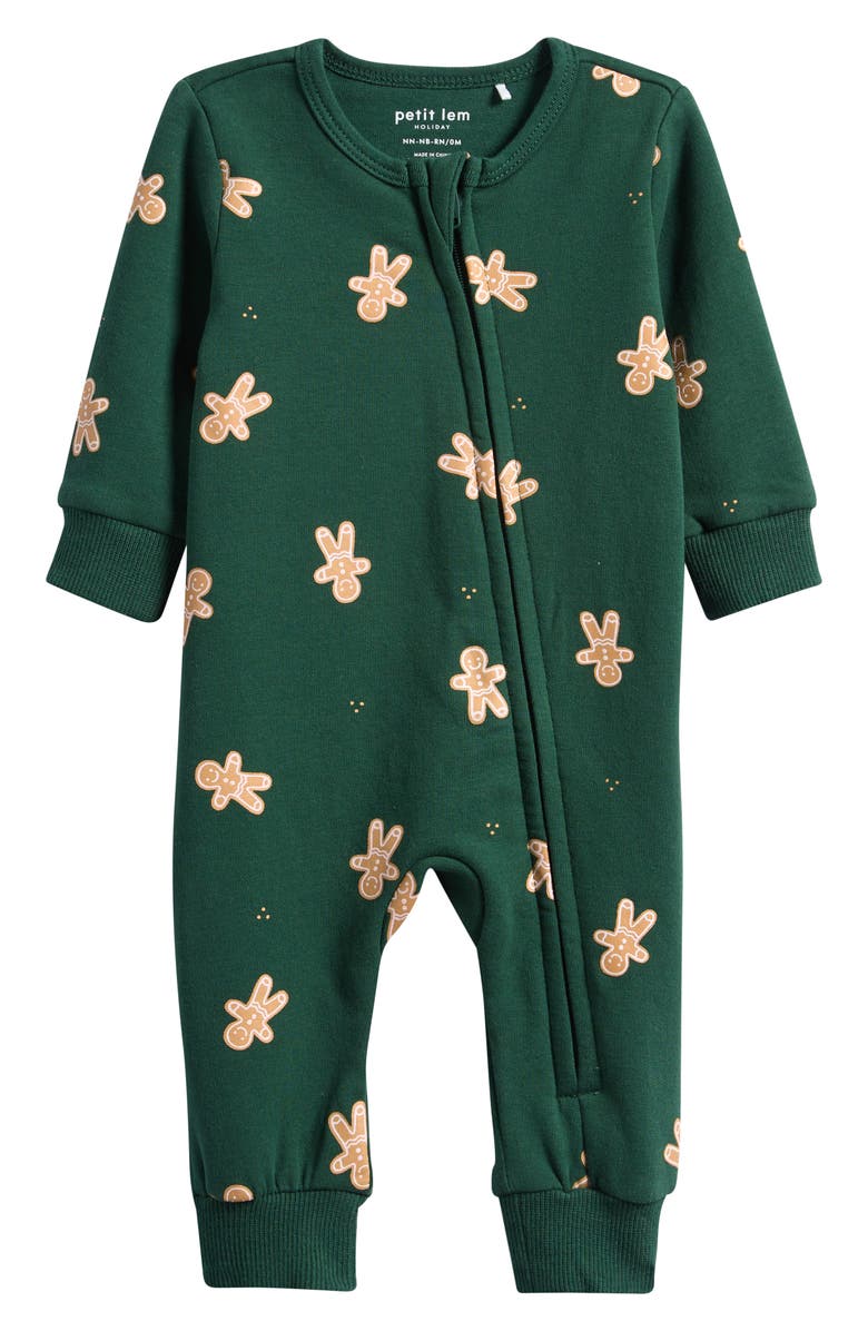 Petit Lem Gingerbread Man Stretch Organic Cotton One-Piece Romper, Main, color, Dgr-Dark Green