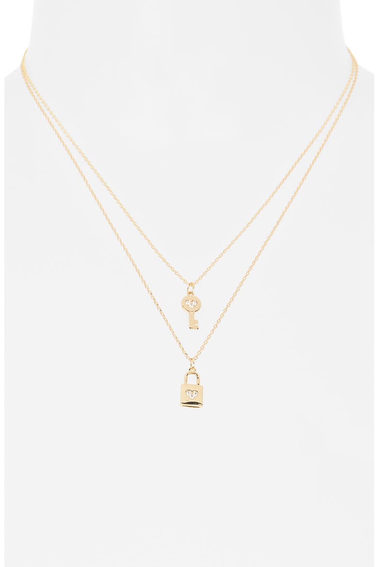 Set of 2 Lock & Key Pendant Necklaces, Alternate, color, CLEAR- GOLD