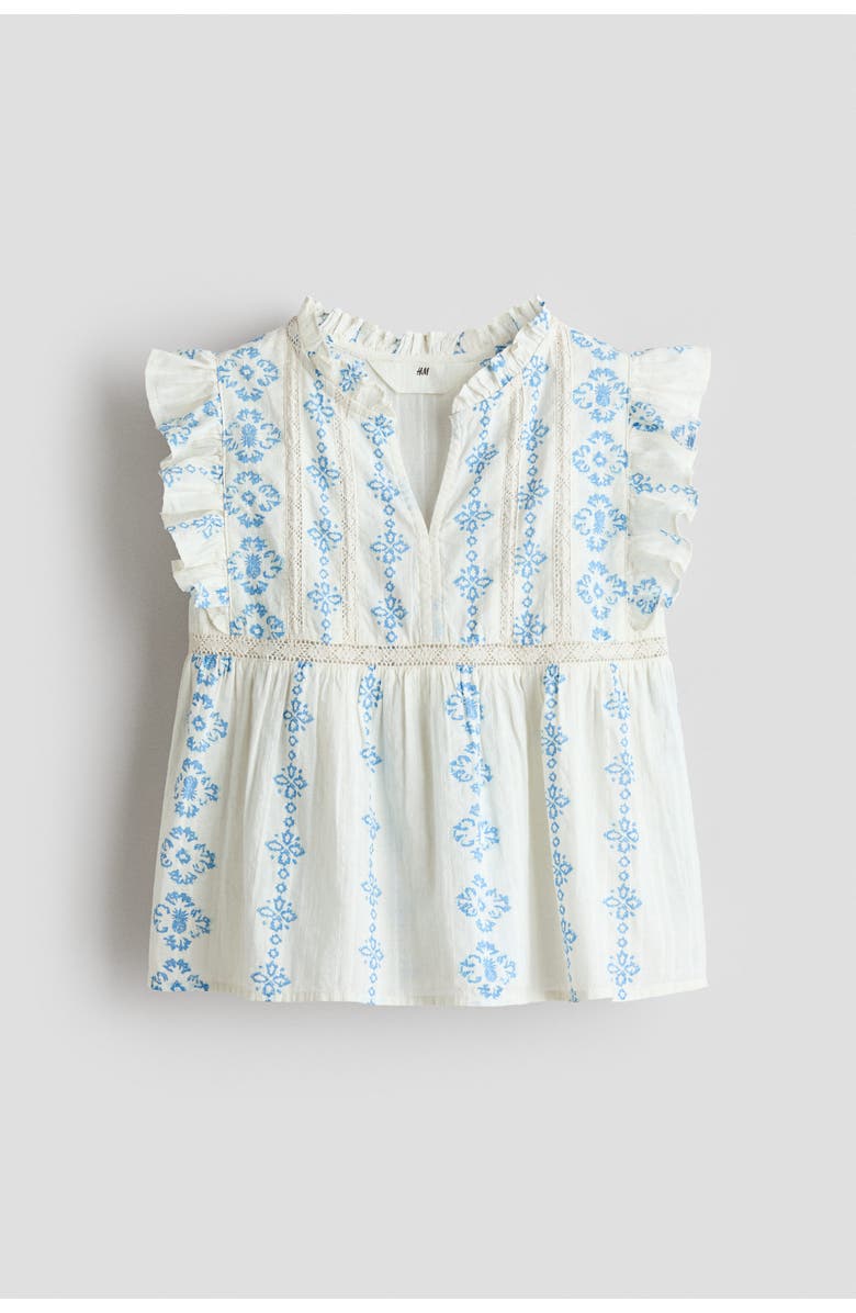 H&M Flutter-sleeved cotton blouse, Main, color, White/Blue Patterned