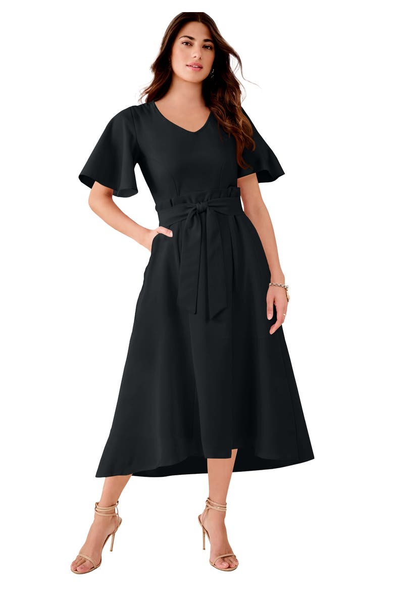 Plus Size Flutter Sleeve V Neck Fit And Flare Bi Stretch Maxi Dress, Main, color, BLACK