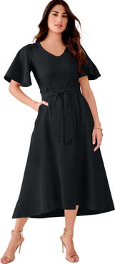 Roaman's Plus Size Flutter Sleeve V Neck Fit And Flare Bi Stretch Maxi Dress