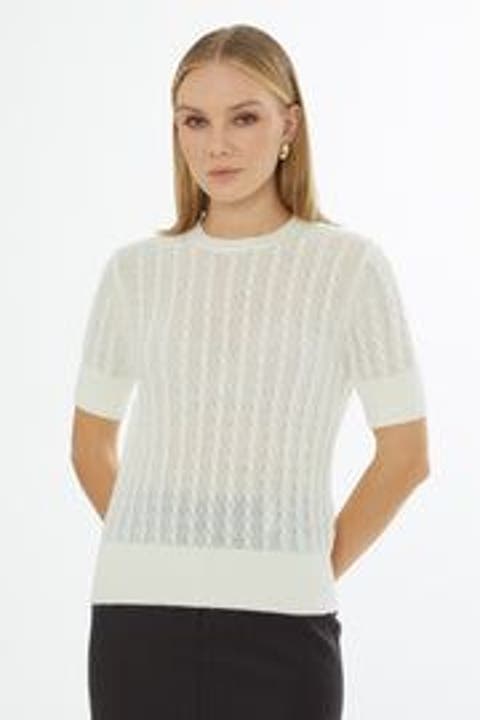 Crew Neck Short-Sleeve Wool Cashmere Sweater Ecru